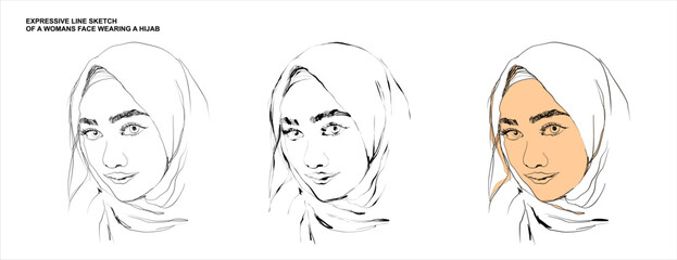 Expressive Line Art Sketch of a Smiling Woman Wearing a Hijab
