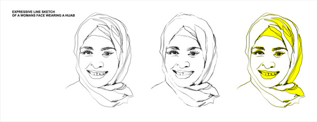 Expressive Line Art Sketch of a Smiling Woman Wearing a Hijab