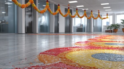 office adorned with rangoli and festive garlands for diwali celebration 