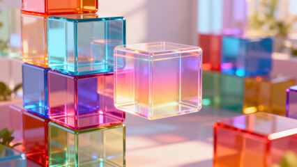 Colorful Transparent Cube Stacking 3D Minimalist Scene