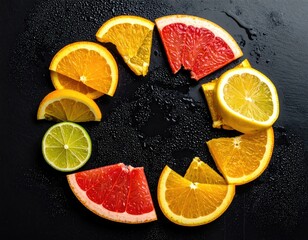 Citrus fruit slices arranged in a circular pattern on dark surface