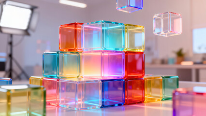 Colorful Transparent Cube Stacking 3D Minimalist Scene