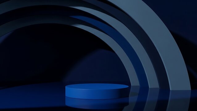 dern setup with a cobalt blue circular podium