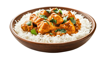 A bowl of rice and chicken curry, isolated on a transparent background