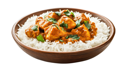 A bowl of rice and chicken curry, isolated on a transparent background