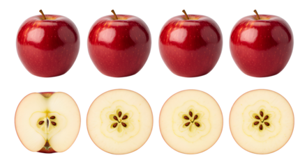 Red apples whole and sliced cross sections arranged in a set isolated on transparent background for food design