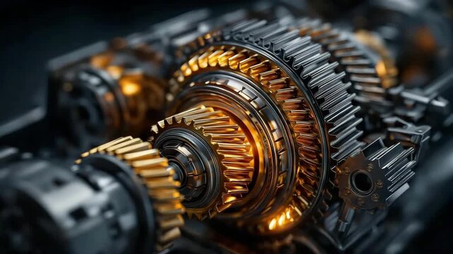 intricate engine interior workings with smoothly spinning gears