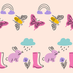 Spring Season Elements Vector Seamless Horizontal Borders Set