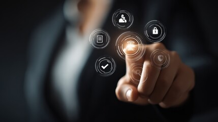 professional executive navigates digital interface featuring legal compliance security and policy management icons for modern business strategy 