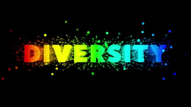 Set of 2 colorful "DIVERSITY" 3D text animations with rainbow color gradients in X and Y direction, shimmering star particles and bokeh. Seamless loop, transparent background with alpha channel