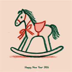 Minimalist vector illustration of a hand-drawn rocking horse for New Year's greeting card