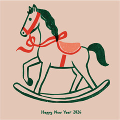 Minimalist vector illustration of a hand-drawn rocking horse for New Year's greeting card