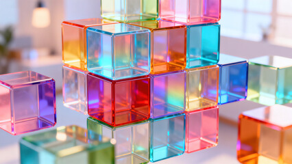 Colorful Transparent Cube Stacking 3D Minimalist Scene