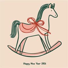 Minimalist vector illustration of a hand-drawn rocking horse for New Year's greeting card