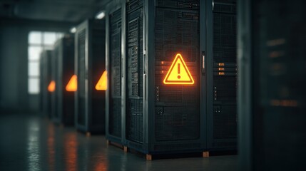 server racks with warning sign glowing  
