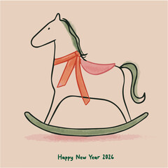 Minimalist vector illustration of a hand-drawn rocking horse for New Year's greeting card