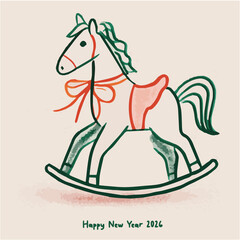 Minimalist vector illustration of a hand-drawn rocking horse for New Year's greeting card
