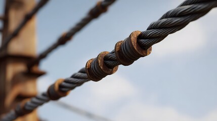 Close up of weathered steel cables with rusty rings against a blurred sky