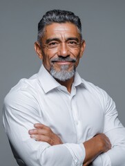 Fototapeta premium happy mature businessman in shirt and tie looking at camera portrait of smiling and satisfied hispanic business man with arms crossed isolated over grey background with copy space successful senior 