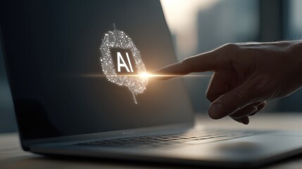 modern laptop interface with ai brain icon and finger touching screen technology concept  