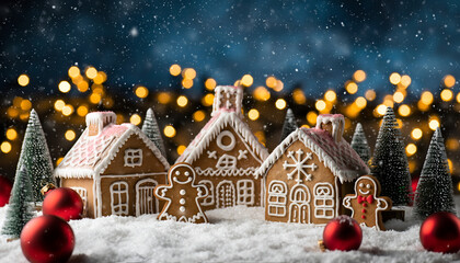 Magical Christmas Gingerbread Village with Snow and Bokeh Lights.