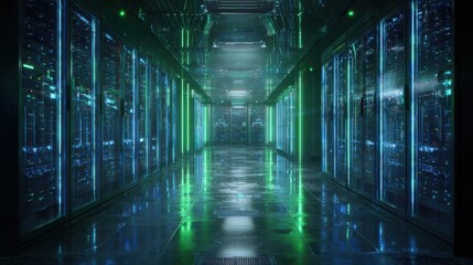 futuristic digital data center with glowing blue servers and green data streams  