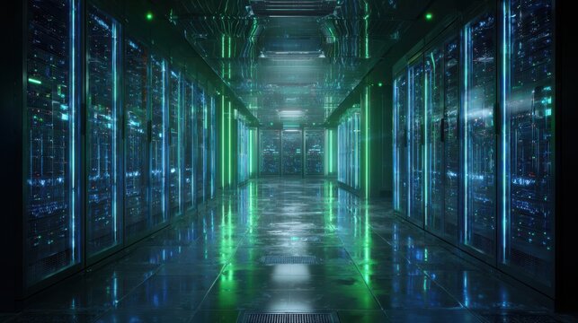 futuristic digital data center with glowing blue servers and green data streams   - Powered by Adobe