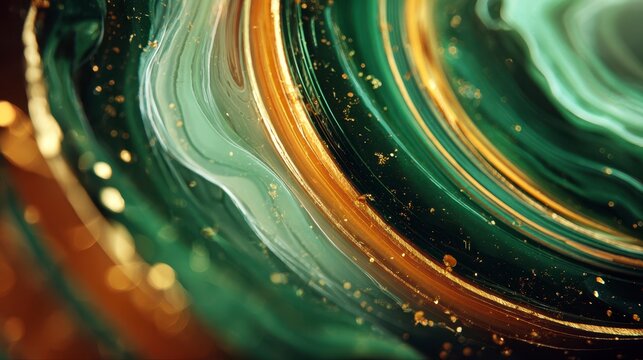 Green and gold abstract marble texture with swirling patterns and shimmering metallic accents creating luxurious and elegant visual effect with warm emerald tones - Powered by Adobe