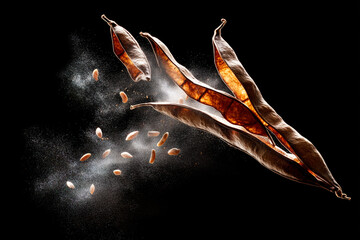 Vibrant seed pods bursting open with seeds and powder exploding