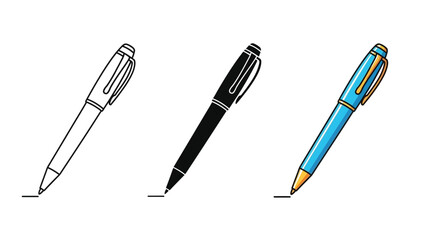 Fototapeta premium Set of three ballpoint pens in outline, solid black and color versions
