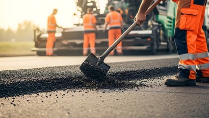 Construction workers laying asphalt on road