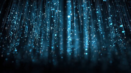 digital streams of glowing binary and particles cascade downward forming a futuristic network of light that evokes high speed data flow cybersecurity ai and big data processing