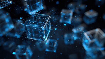 abstract futuristic digital network with glowing blue cubes and central server structure against a dark background representing technology and data flow  