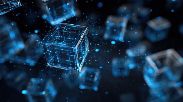 abstract futuristic digital network with glowing blue cubes and central server structure against a dark background representing technology and data flow  