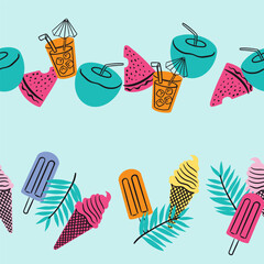 Summer Food Elements Vector Seamless Horizontal Borders Set