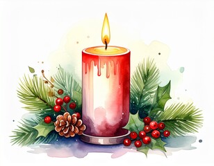 Watercolor Christmas Candle with Poinsettia and Berries
