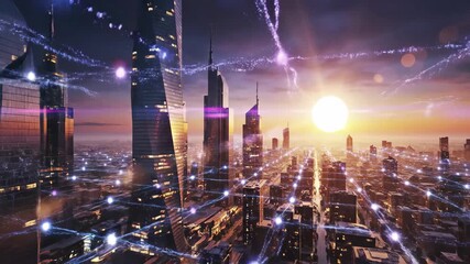 Futuristic cityscape at sunset with glowing digital network overlay, 4k - Powered by Adobe