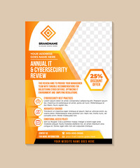 annual it and cybersecurity review flyer template design on vertical layout. vector illustration with half hexagon shape for photo space