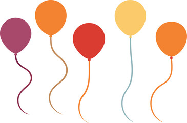 Five colorful balloons floating isolated on transparent background, Vector, illustration