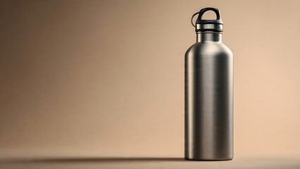 Sleek metallic water bottle casting a long shadow, representing hydration and sustainable living