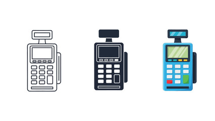 Set of three credit card payment terminals or pos machines in different styles outline, solid black and colorful flat design