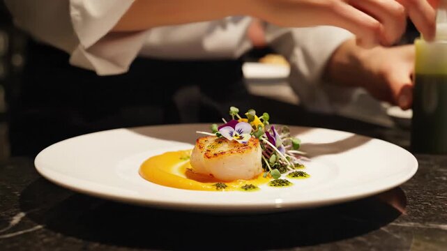 Chef plating gourmet food in restaurant kitchen close up shot