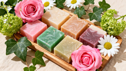 Handmade Soap & Flower Wooden Tray Life Aesthetics Still Life Photography