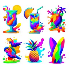 Obraz premium Colorful summer illustrations of beverages and tropical elements
