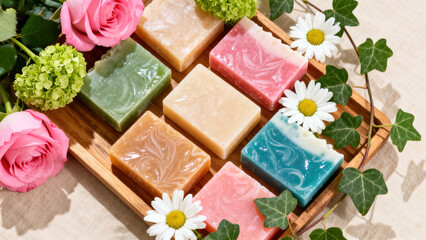 Handmade Soap & Flower Wooden Tray Life Aesthetics Still Life Photography