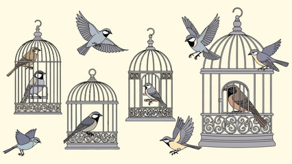 Freedom's Song: Birds escaping cages, while others remain behind.

