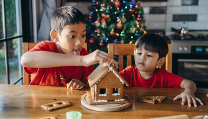 Two young brothers decorating a gingerbread house together at a wooden table with a Christmas tree in the background.