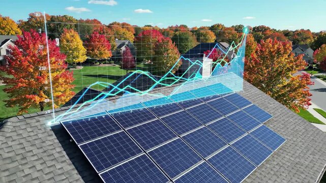 Aerial view of residential solar panel installation with energy growth graph overlay in autumn, 4k