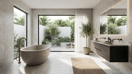Fototapeta premium Modern luxury bathroom with freestanding tub and large vanity overlooking a green courtyard