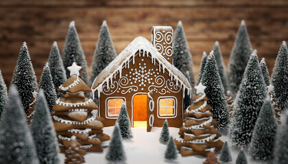 Enchanting Gingerbread House in a Snowy Forest Setting.